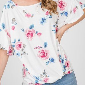 CY Fashion Ruffle Sleeve Floral Ivory Knot Top NWT
